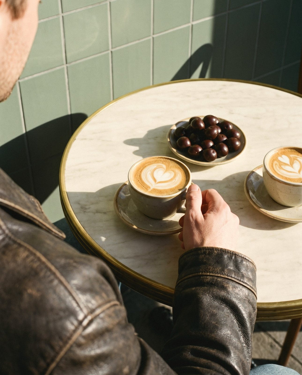 A bowl of chocolate-coated cherries shared over coffee at a café table.